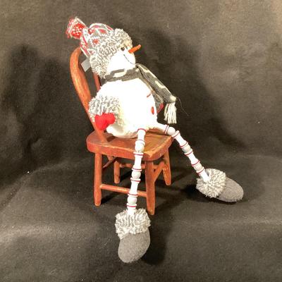 Lot 1528  Stuffed Snowman Sitting on Wooden Miniature Chair
