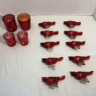 Lot 1558 Lot of Vintage Red Glass Clip-on Cardinal Ornaments & Four Votives