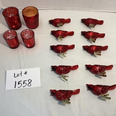 Lot 1558 Lot of Vintage Red Glass Clip-on Cardinal Ornaments & Four Votives
