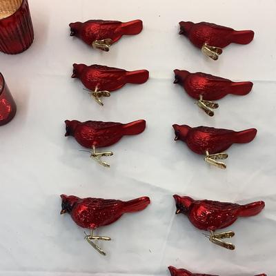 Lot 1558 Lot of Vintage Red Glass Clip-on Cardinal Ornaments & Four Votives