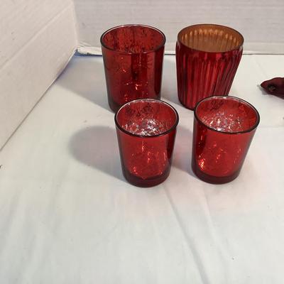 Lot 1558 Lot of Vintage Red Glass Clip-on Cardinal Ornaments & Four Votives