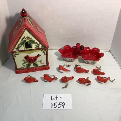 Lot 1559 Lot of Ceramic Cardinal Ornaments - Ceramic Birdhouse Cookie Jar - Ceramic Cardinal Candy/Nut Dish
