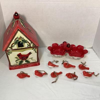 Lot 1559 Lot of Ceramic Cardinal Ornaments - Ceramic Birdhouse Cookie Jar - Ceramic Cardinal Candy/Nut Dish