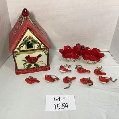 Lot 1559 Lot of Ceramic Cardinal Ornaments - Ceramic Birdhouse Cookie Jar - Ceramic Cardinal Candy/Nut Dish