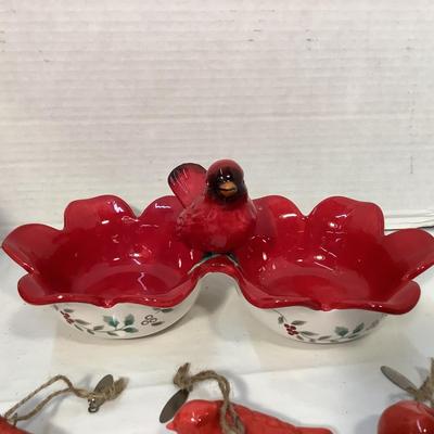 Lot 1559 Lot of Ceramic Cardinal Ornaments - Ceramic Birdhouse Cookie Jar - Ceramic Cardinal Candy/Nut Dish