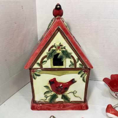 Lot 1559 Lot of Ceramic Cardinal Ornaments - Ceramic Birdhouse Cookie Jar - Ceramic Cardinal Candy/Nut Dish