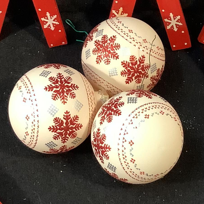 Lot 1561. Lot of Fifteen Cream Colored Glass Bulbs with Red Snowflakes / Eight  Wooden Skies Ornaments Red with White Snowflakes