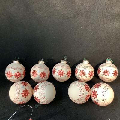 Lot 1561. Lot of Fifteen Cream Colored Glass Bulbs with Red Snowflakes / Eight  Wooden Skies Ornaments Red with White Snowflakes