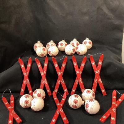 Lot 1561. Lot of Fifteen Cream Colored Glass Bulbs with Red Snowflakes / Eight  Wooden Skies Ornaments Red with White Snowflakes