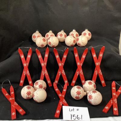 Lot 1561. Lot of Fifteen Cream Colored Glass Bulbs with Red Snowflakes / Eight  Wooden Skies Ornaments Red with White Snowflakes