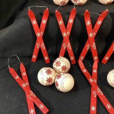 Lot 1561. Lot of Fifteen Cream Colored Glass Bulbs with Red Snowflakes / Eight  Wooden Skies Ornaments Red with White Snowflakes