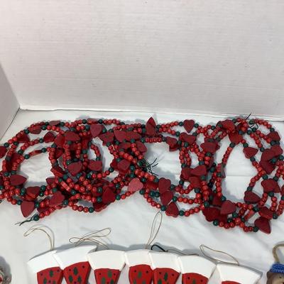 Lot 1562. Lot of Wooden Red/Green Heart & Beads Garland - Wooden Faux Stockings - Wooden Teddy Bear - Stuffed Monkey