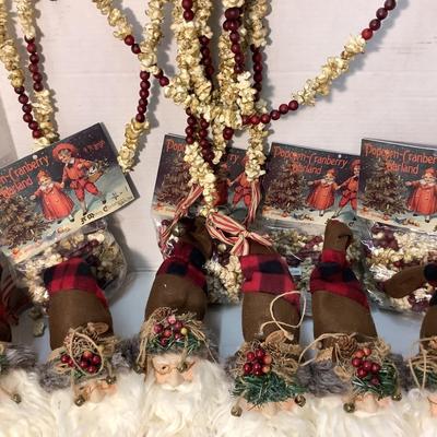 Lot 1563 Lot of Wonderful Santa Heads / Wooden Sleighs with Cranberries / Faux Cranberry& Popcorn Garland ( Four NEW IN PKG )