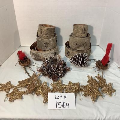 Lot 1564  Lot of Christmas Decor, Bark Garland / Twig Gold Stars / Cardinal with Nest / Pinecone Candle Holder