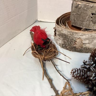 Lot 1564  Lot of Christmas Decor, Bark Garland / Twig Gold Stars / Cardinal with Nest / Pinecone Candle Holder