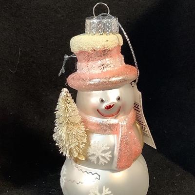 Lot 1566 Lot of Six NEW IN BOX White Snowmen with Pink Scarves Glass Ornaments