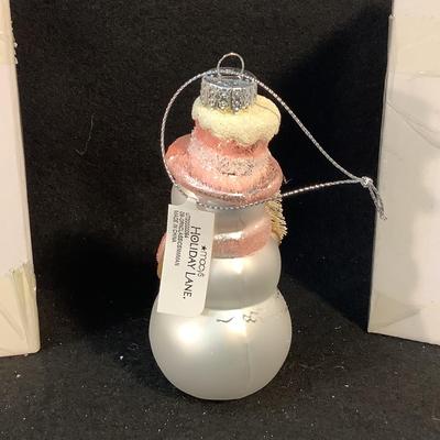 Lot 1566 Lot of Six NEW IN BOX White Snowmen with Pink Scarves Glass Ornaments