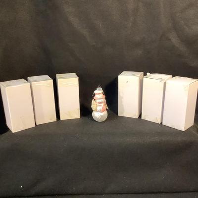 Lot 1566 Lot of Six NEW IN BOX White Snowmen with Pink Scarves Glass Ornaments