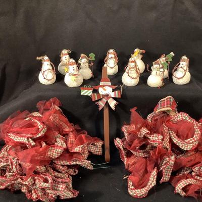 Lot  1568 Lot of Ten Snowman Ornaments with Plaid Scarves / Several Plaid & Red Tree Bows / Over the Door Wreath Hook