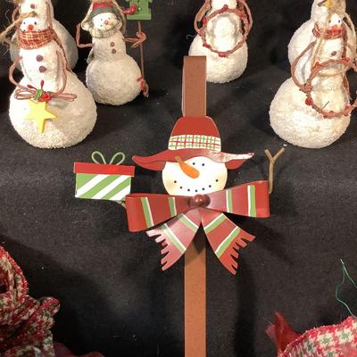 Lot  1568 Lot of Ten Snowman Ornaments with Plaid Scarves / Several Plaid & Red Tree Bows / Over the Door Wreath Hook