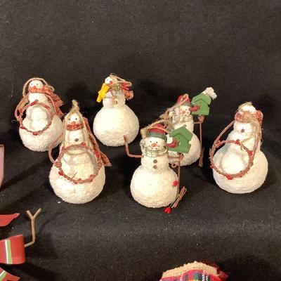 Lot  1568 Lot of Ten Snowman Ornaments with Plaid Scarves / Several Plaid & Red Tree Bows / Over the Door Wreath Hook