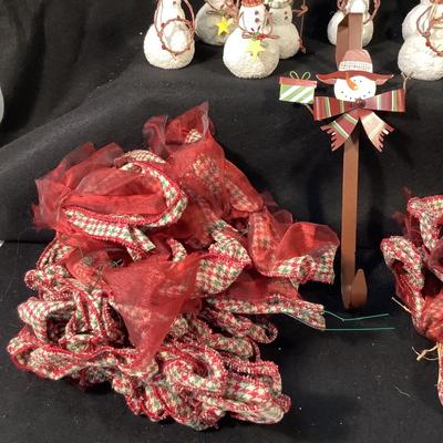 Lot  1568 Lot of Ten Snowman Ornaments with Plaid Scarves / Several Plaid & Red Tree Bows / Over the Door Wreath Hook
