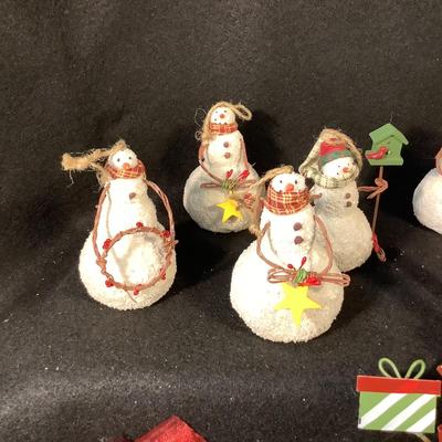 Lot  1568 Lot of Ten Snowman Ornaments with Plaid Scarves / Several Plaid & Red Tree Bows / Over the Door Wreath Hook