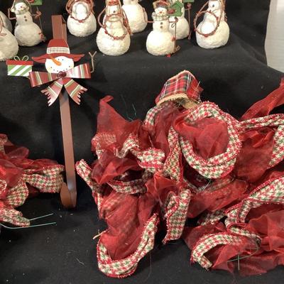 Lot  1568 Lot of Ten Snowman Ornaments with Plaid Scarves / Several Plaid & Red Tree Bows / Over the Door Wreath Hook