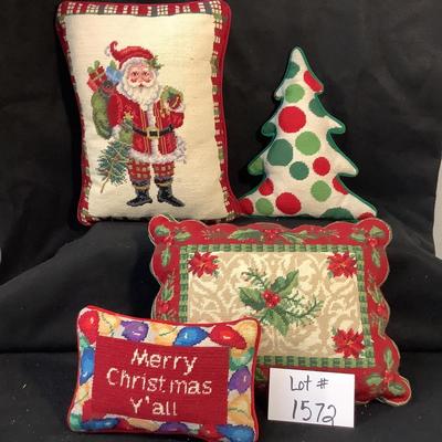 Lot 1572  Four Christmas Needlepoint Decorative Throw Pillows