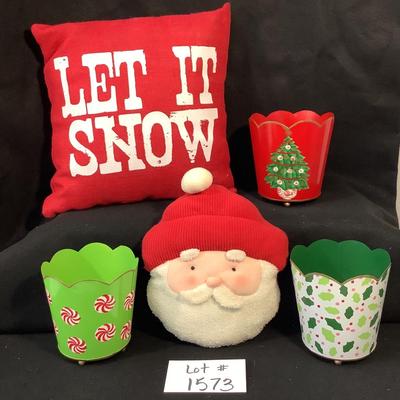 Lot 1573  Two Christmas Decorative throw Pillows & Three Tin Miniature Waste Cans