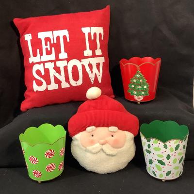 Lot 1573  Two Christmas Decorative throw Pillows & Three Tin Miniature Waste Cans