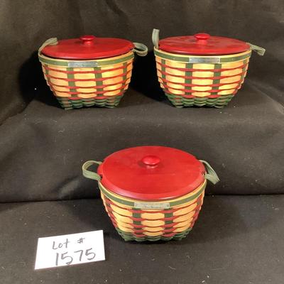 Lot 1575. Three Longaberger Welcome Home Bee 2007 Baskets with Leather Handles/Wooden Lids