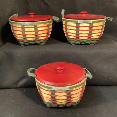 Lot 1575. Three Longaberger Welcome Home Bee 2007 Baskets with Leather Handles/Wooden Lids