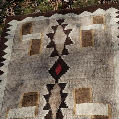 NAVAJO RUG BROWNS/TAN/GRAYS AND WHITE & BLACK TRIM