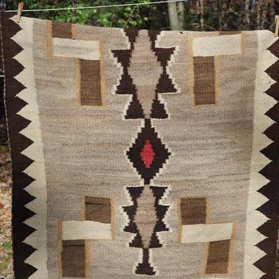 NAVAJO RUG BROWNS/TAN/GRAYS AND WHITE & BLACK TRIM