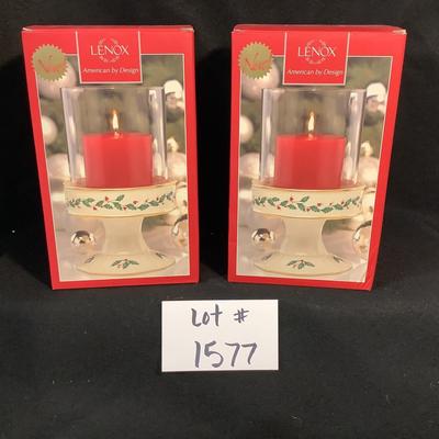 Lot 1577. NEW IN BOX Pair of Lenox Holiday Pillar Candle with Glass Shade