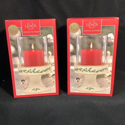 Lot 1577. NEW IN BOX Pair of Lenox Holiday Pillar Candle with Glass Shade