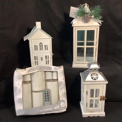 Lot 1578  Three White HolidayLanterns & White Candle Set with Remote
