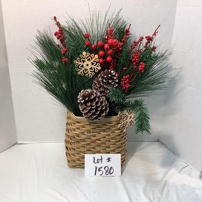 Lot 1580. Beautiful Holiday Basket Arrangement & Holly Trimmed Vase