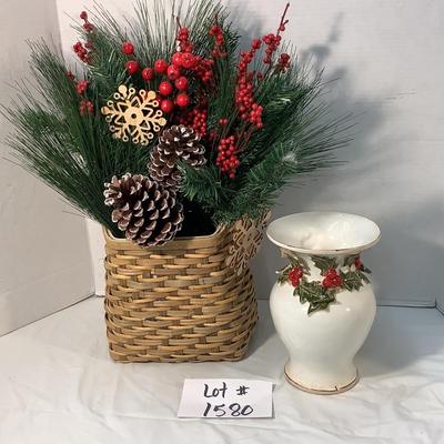 Lot 1580. Beautiful Holiday Basket Arrangement & Holly Trimmed Vase