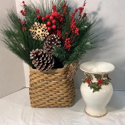 Lot 1580. Beautiful Holiday Basket Arrangement & Holly Trimmed Vase