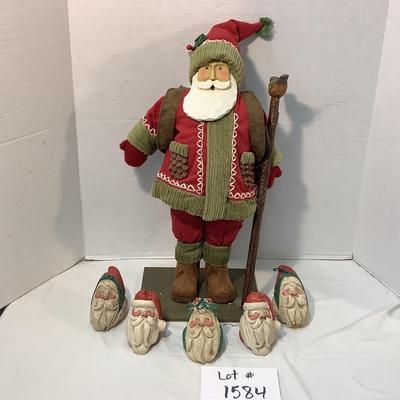 Lot 1584  Santa with Walking Stick, (has wooden face) & Wooden Santa Head Ornaments