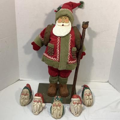 Lot 1584  Santa with Walking Stick, (has wooden face) & Wooden Santa Head Ornaments