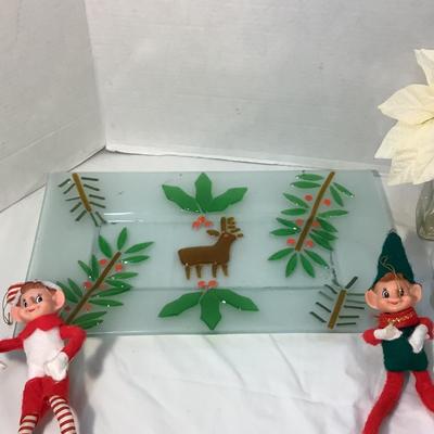 Lot 1588. Art Glass Reindeer Platter /Elf on Shelf  / Pair of Bud Vases with Poinsettia