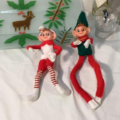 Lot 1588. Art Glass Reindeer Platter /Elf on Shelf  / Pair of Bud Vases with Poinsettia