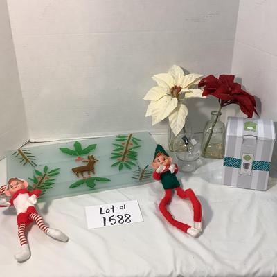 Lot 1588. Art Glass Reindeer Platter /Elf on Shelf  / Pair of Bud Vases with Poinsettia