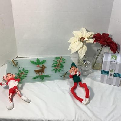 Lot 1588. Art Glass Reindeer Platter /Elf on Shelf  / Pair of Bud Vases with Poinsettia