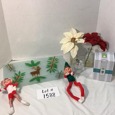 Lot 1588. Art Glass Reindeer Platter /Elf on Shelf  / Pair of Bud Vases with Poinsettia