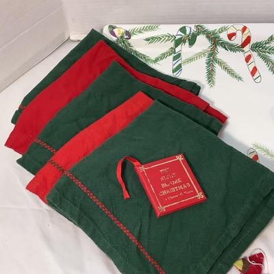Lot 1589 Large Candy Cane Serving Tray/Snowman Serving Bowl/Miniature Mitten Ornaments, Red & Green Napkins
