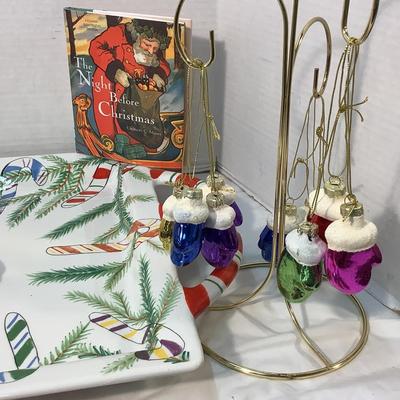 Lot 1589 Large Candy Cane Serving Tray/Snowman Serving Bowl/Miniature Mitten Ornaments, Red & Green Napkins